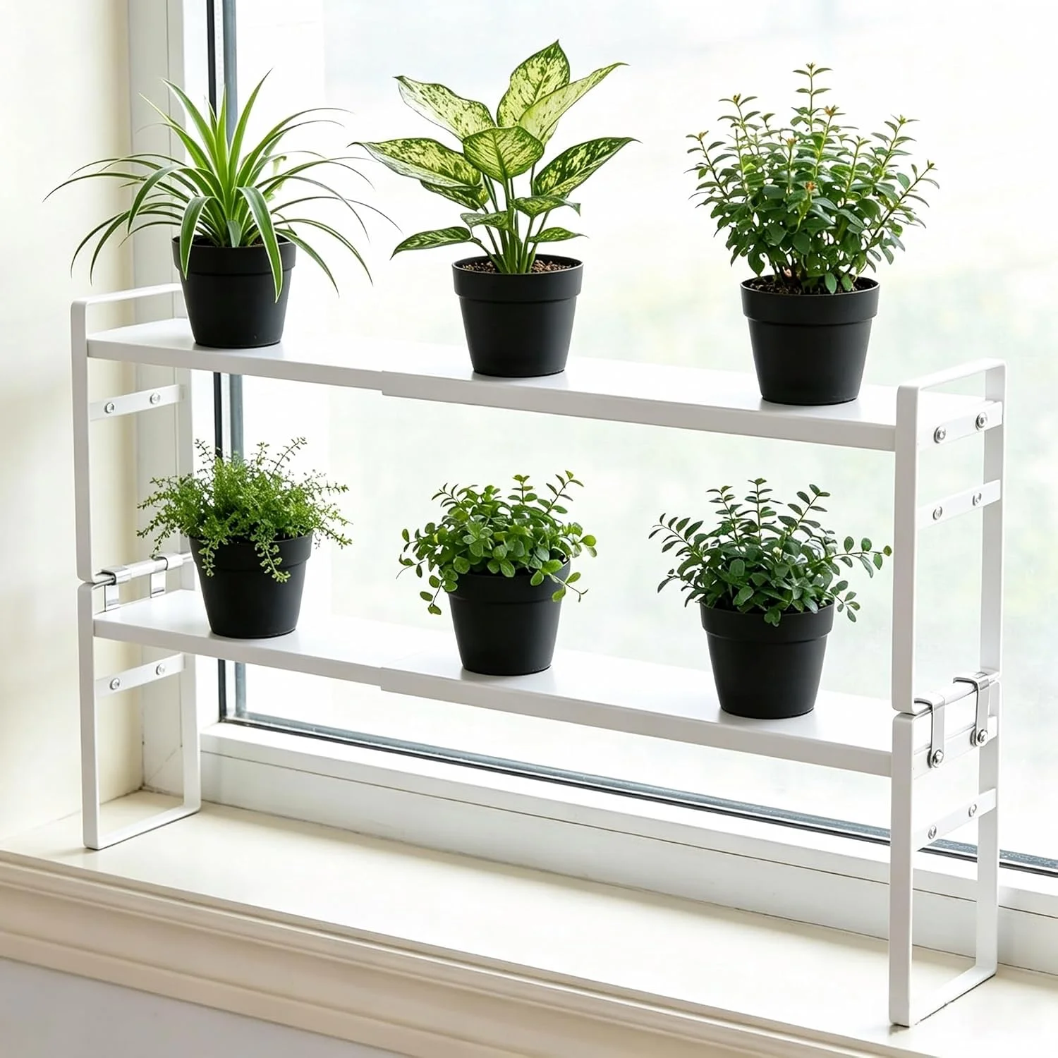 Expandable Window Sill Plant Shelf, Narrow Expandable Window Shelf for Plants Kitchen Sink Organizer Stackable Shelves for Kitchen Counter, Windowsill Plants, Bathroom Vanity (Black)