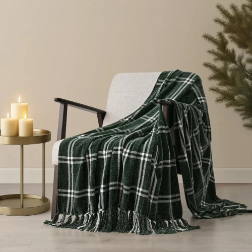 EverGrace Plaid Chenille Fall Throw Blanket, 50x60, Harvest Orange Plaid