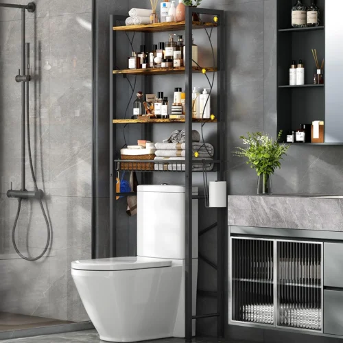 Over-The-Toilet Storage Rack, 4-Tier Bathroom Organizer Shelf Over Toilet with Adjustable Shelf and Basket, Freestanding Space Saver Bathroom Shelves Above Toilet for Room (Pure White)