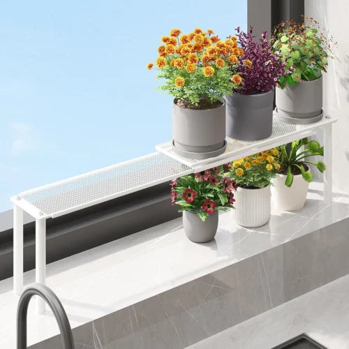 Expandable Kitchen Sink Organizer Window Shelf for Plants Stackable Narrow Shelves Kitchen Countertop Holder Mesh Design (2, White (Depth 3.54))