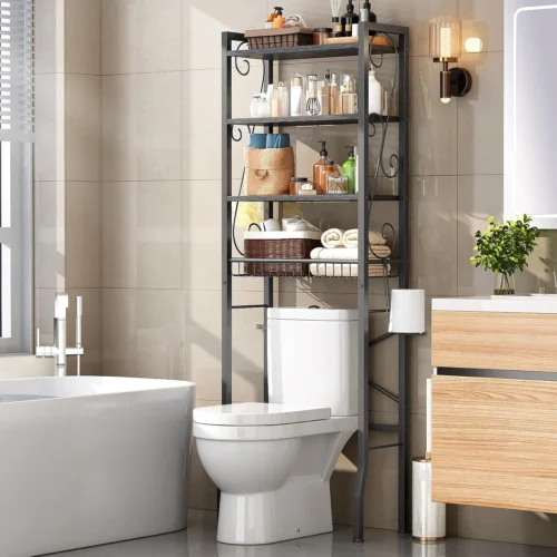 Storage Rack 4-Tier, Bathroom Organizer Shelf Over Toilet, Adjustable Wooden Shelves and Basket, Freestanding Above Toilet Shelf, Space Saver for Rooms(Black Rack-Rustic Brown Shelves)