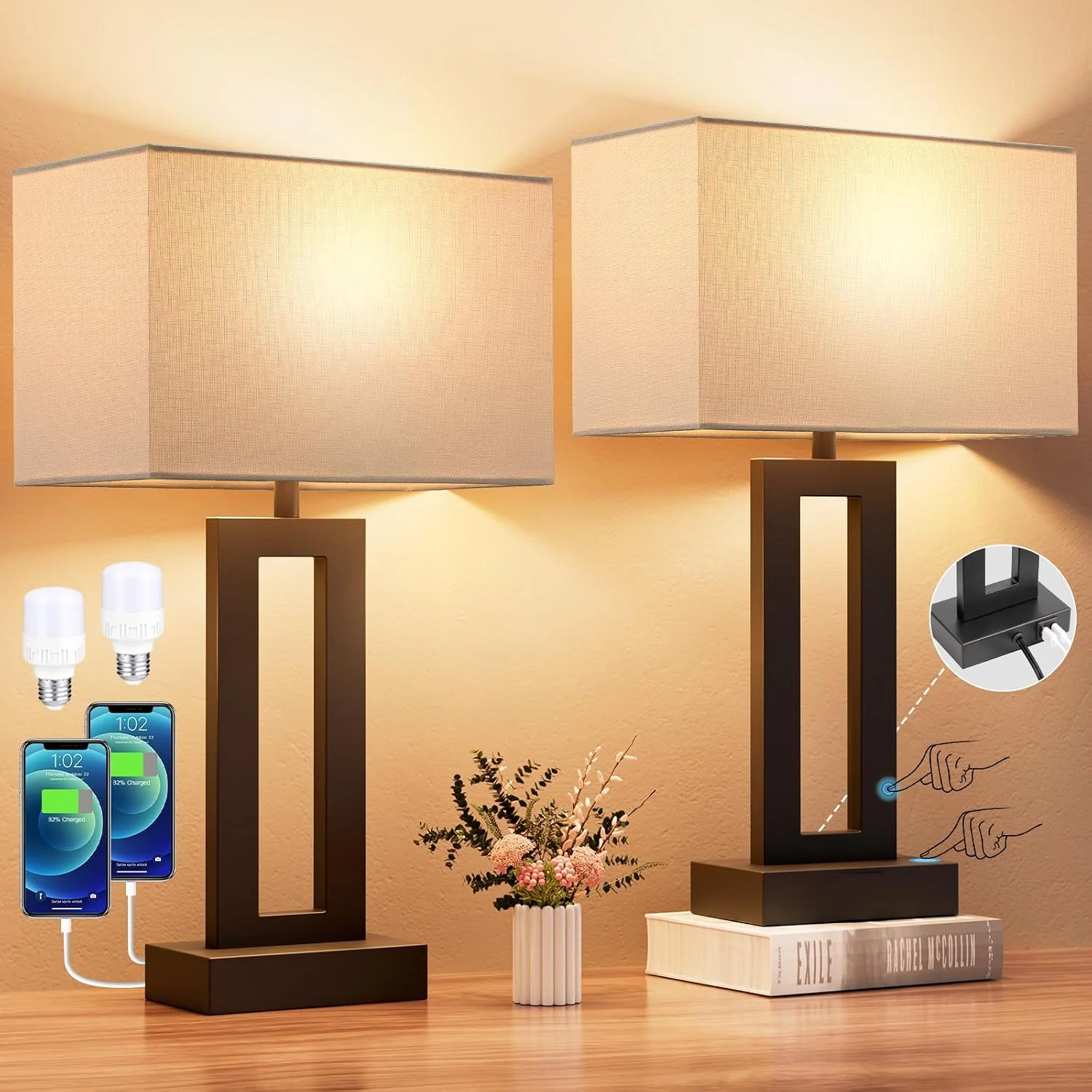 Touch Lamps for Nightstand, 3 Way Dimmable Bedroom Lamp, USB C+A - Image 4