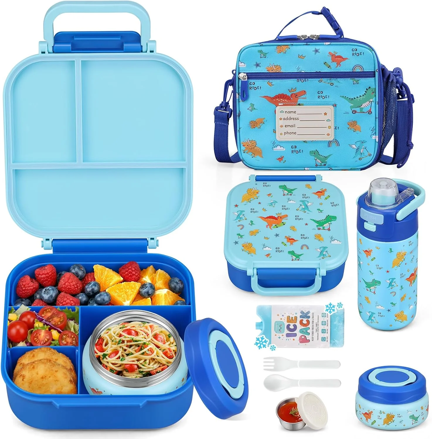 Itslife Bento Box for Kids Set, Insulated Food Container, Kids Lunch Box, 7 oz Thermos for Hot Food, 12 oz Thermos Water Bottle, Reusable Insulated Ice Bag & Fork Spoon Utensils Camping Travel Pink