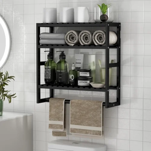 100% Bamboo Towel Rack Bathroom Storage Shelves Over Toilet Towel Bar