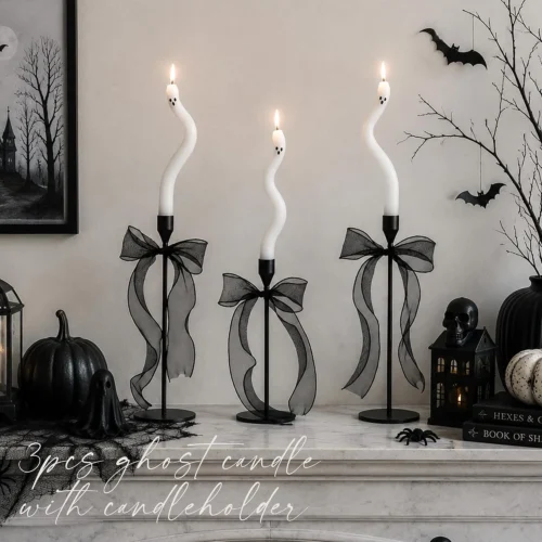 Halloween Decorations indoor-3Pcs Twisting Ghost Candles Decor with Candle Holders, Ribbons, Vintage Candlestick Holders Decoration