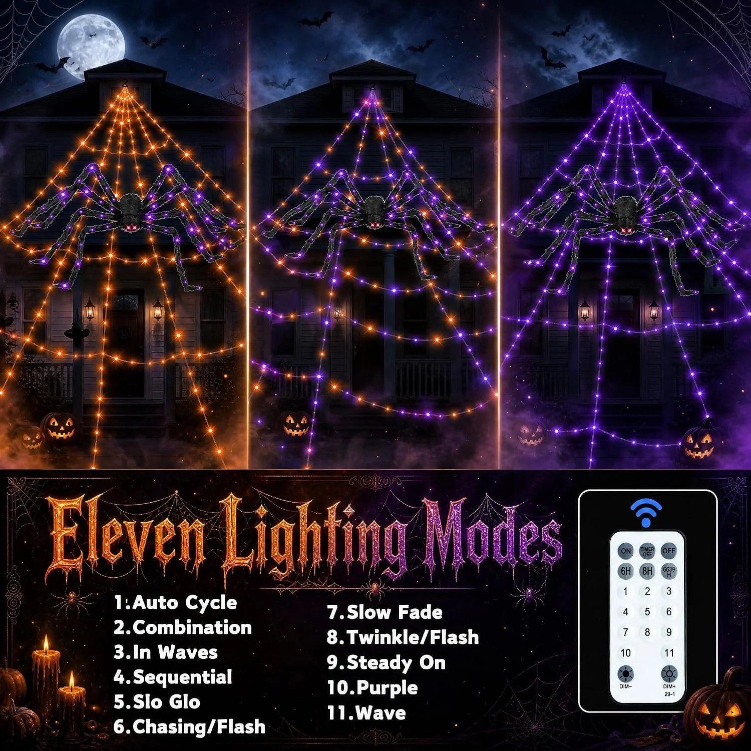 550 LEDs Halloween Decorations Outdoor Spider Web Lights with Spider - Image 3