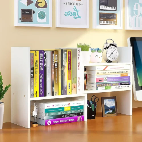 Alternative view of Desktop Shelf Organizer, Adjustable Wood Office Storage Rack, Counter Display Small Bookshelf for Home/Office/School(White)