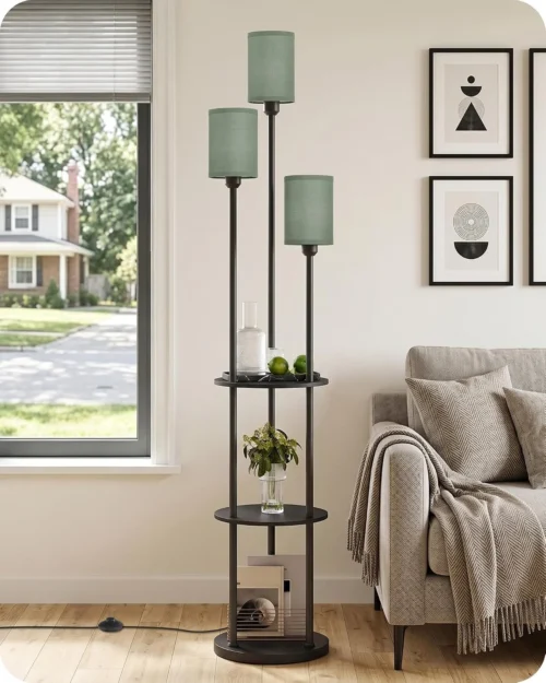 70.9 Floor Lamp with Shelves, Modern Floor Lamp with 3 Linen Shades and Foot Switch, 3-Light Standing Lamp, for Living Room, Bedroom, Study, Office
