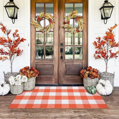Black Plaid Rug, 28'' x 43'' Fall Outdoor Front Door Decor Mat, Cotton Washable Hand-Woven Rug for Layered Doormat