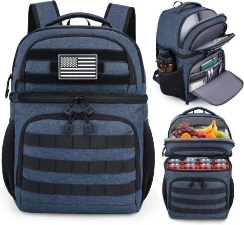Lunch Backpack for Men, Tactical Inspired Double Deck Cooler Backpack Insulated Leakproof RFID Lunchbox for Work (Black)